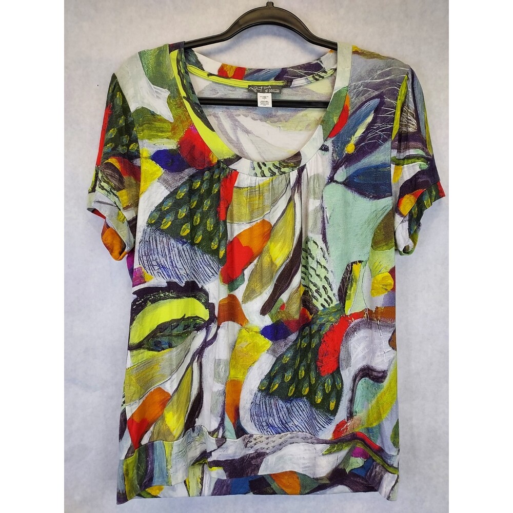 Simply Art By Dolcezza Top Women L Multicolor Abstract Artsy Short Sleeve Blouse
